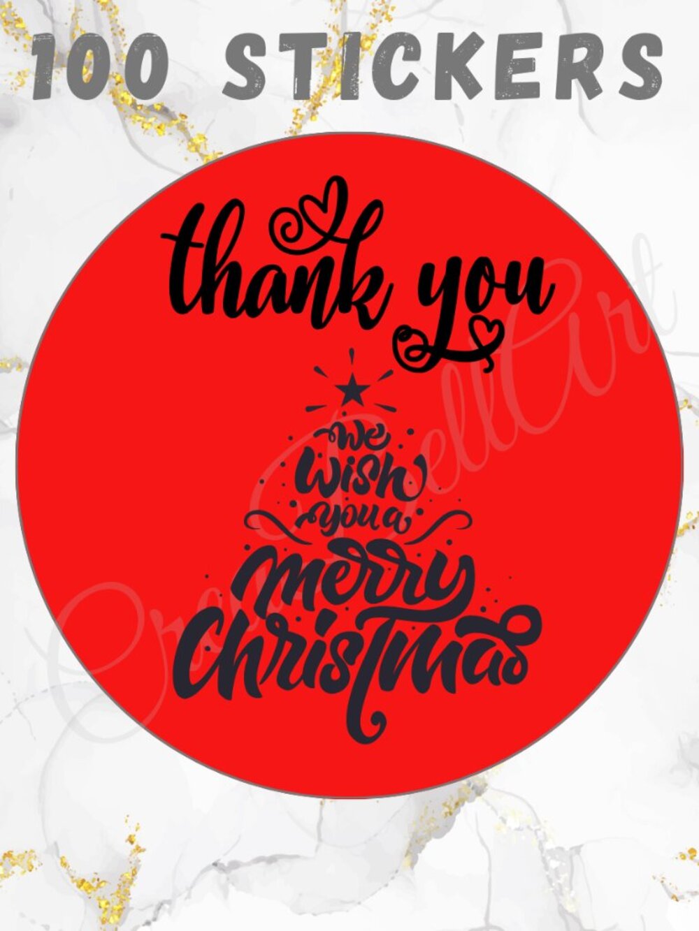 100 Christmas Thank You Stickers –Merry Christmas Tree Design
